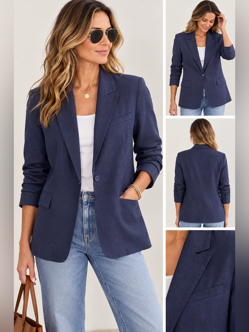Open Edit Navy Single-Button Women's Blazer